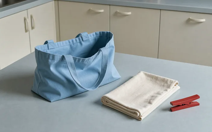 An unmarked blue canvas bag and folded cotton cloth on a cool kitchen counter