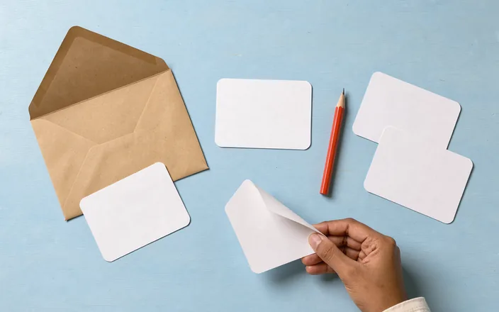 An open unmarked envelope, blank note cards and a red pencil on a blue desk