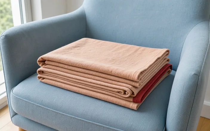 Soft blue fabric and a folded peach blanket in warm window light