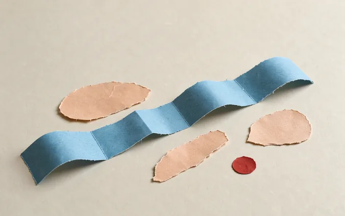 A folded sky-blue paper ribbon and rounded peach paper pieces on a light tabletop