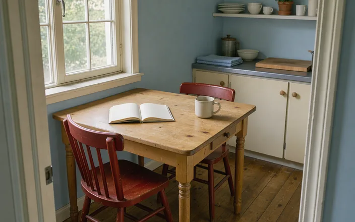 Morning sunlight across an open blank notebook and a chair at a kitchen table