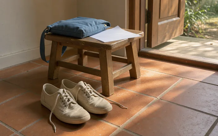 Sunlight on a pair of unbranded walking shoes beside a canvas bag and blank paper