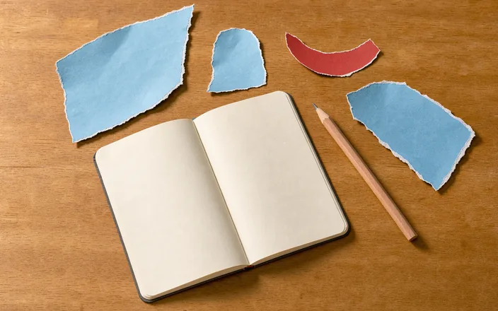 Layered blue and peach paper shapes around an open blank notebook on a kitchen table