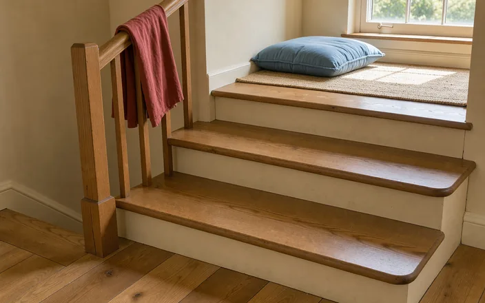 Two broad wooden steps with a blue cushion and sunlight falling across the floor